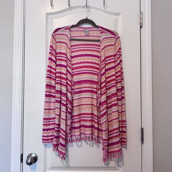 Chico’s Women’s Pink Multi Wave Stripe Tassel Sweater Cardigan NWT Size Medium - Picture 2 of 10